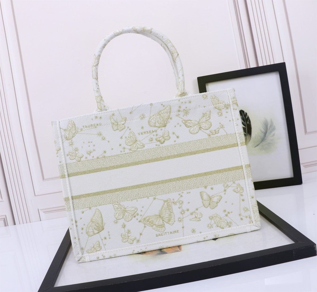 Dior Elegant Butterfly Print Canvas Tote Bag with Top Handles