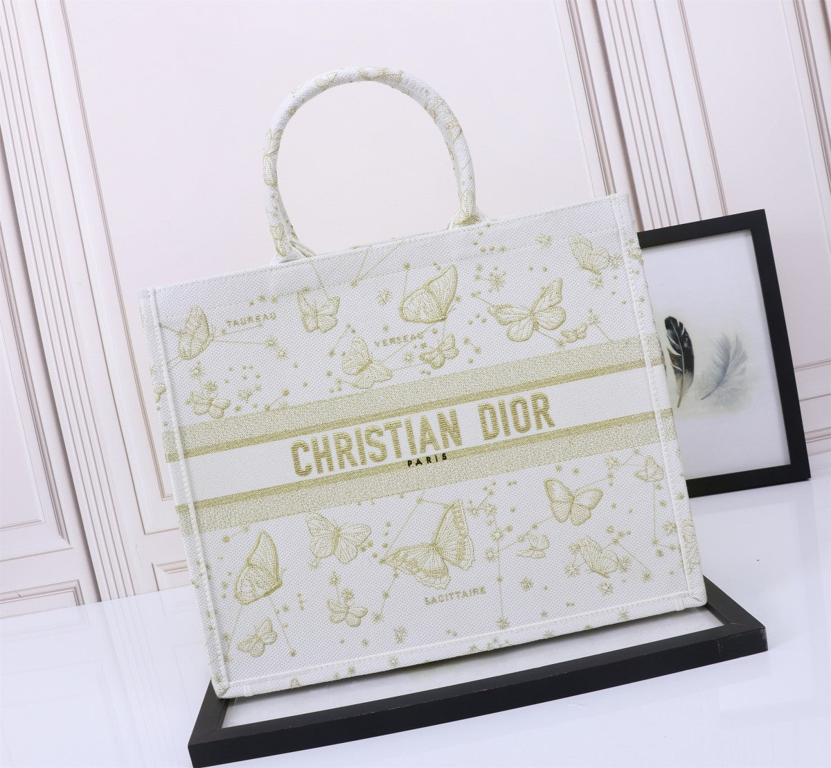 Dior Elegant Butterfly Embroidered Canvas Tote Bag with Top Handles