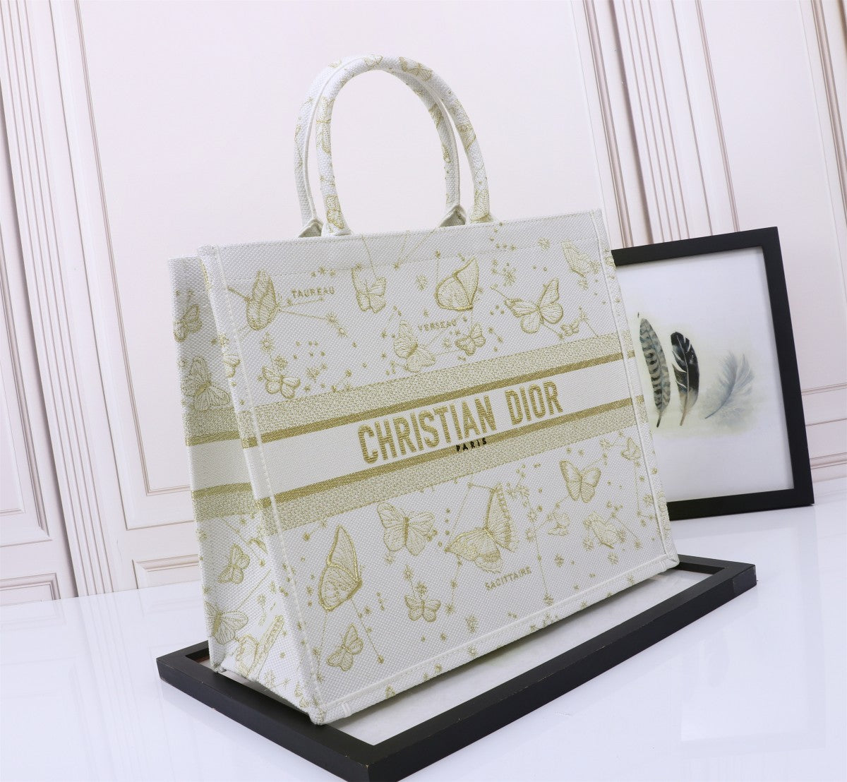 Dior Elegant Butterfly Embroidered Canvas Tote Bag with Top Handles