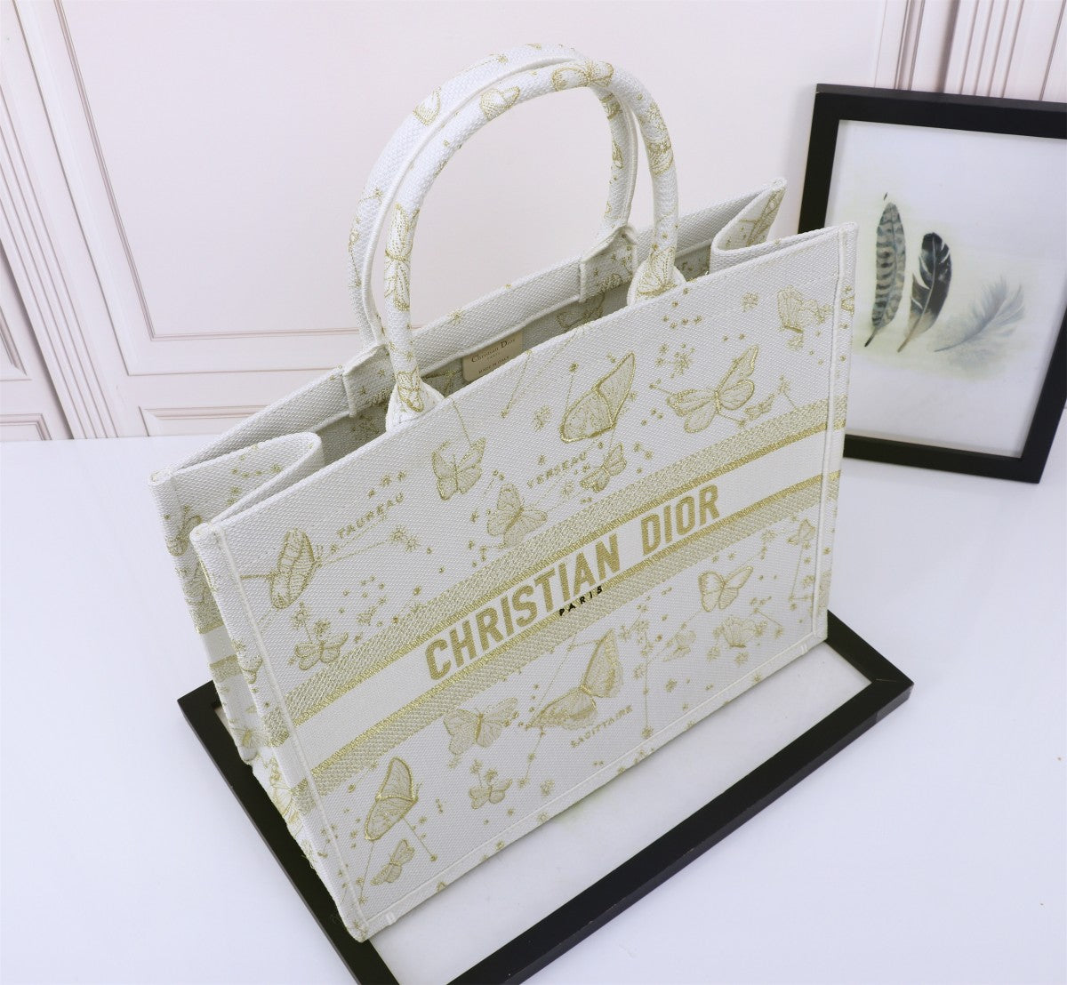 Dior Elegant Butterfly Embroidered Canvas Tote Bag with Top Handles