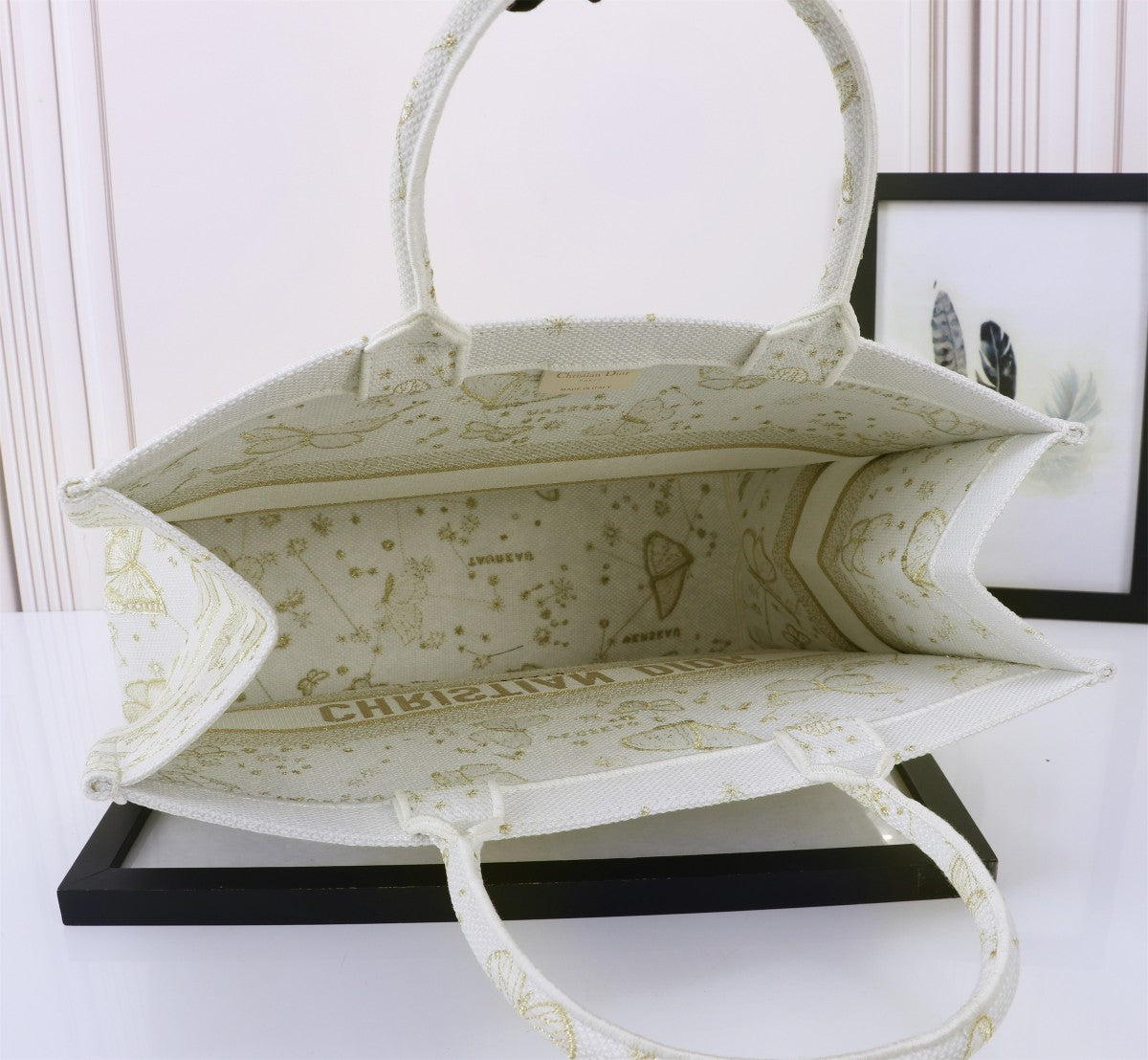 Dior Elegant Butterfly Embroidered Canvas Tote Bag with Top Handles