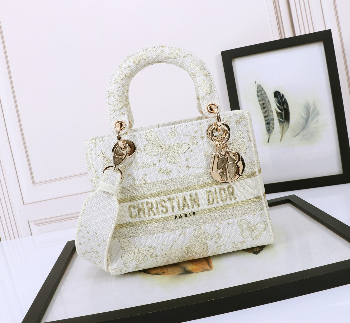 Dior Elegant White and Gold Floral Butterfly Canvas Crossbody Bag