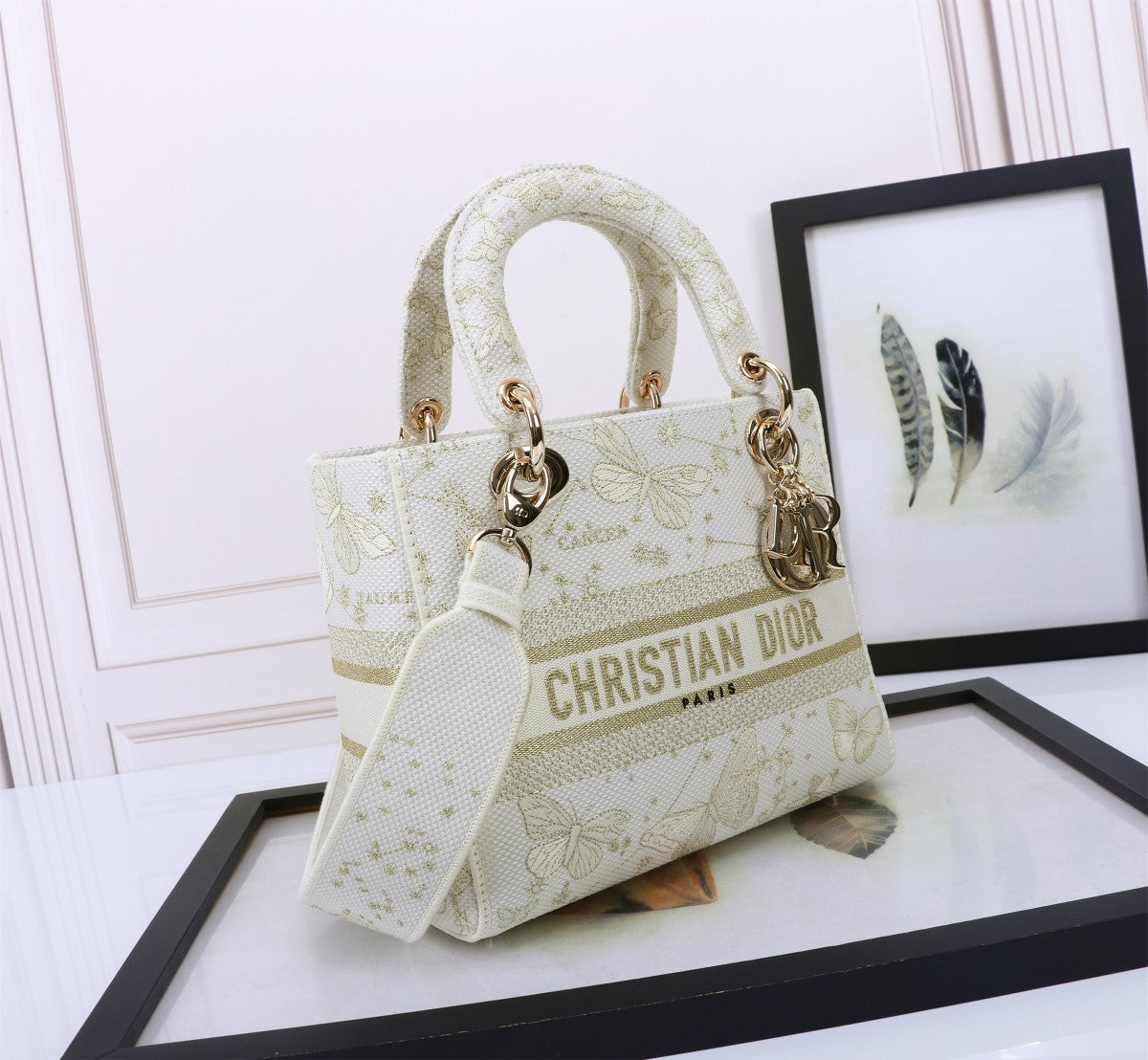 Dior Elegant White and Gold Floral Butterfly Canvas Crossbody Bag