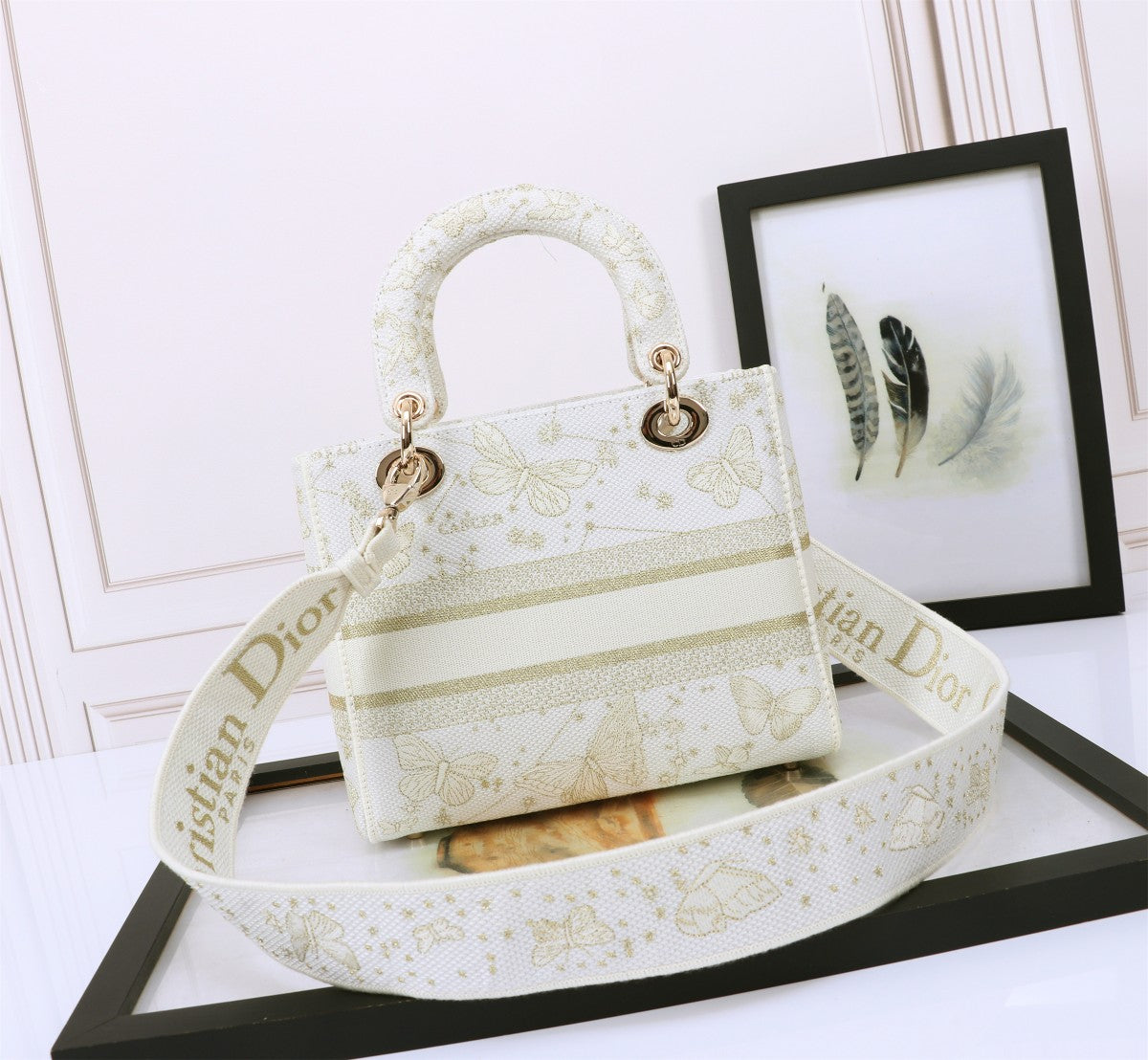 Dior Elegant Off-White Butterfly Embroidered Top Handle Handbag