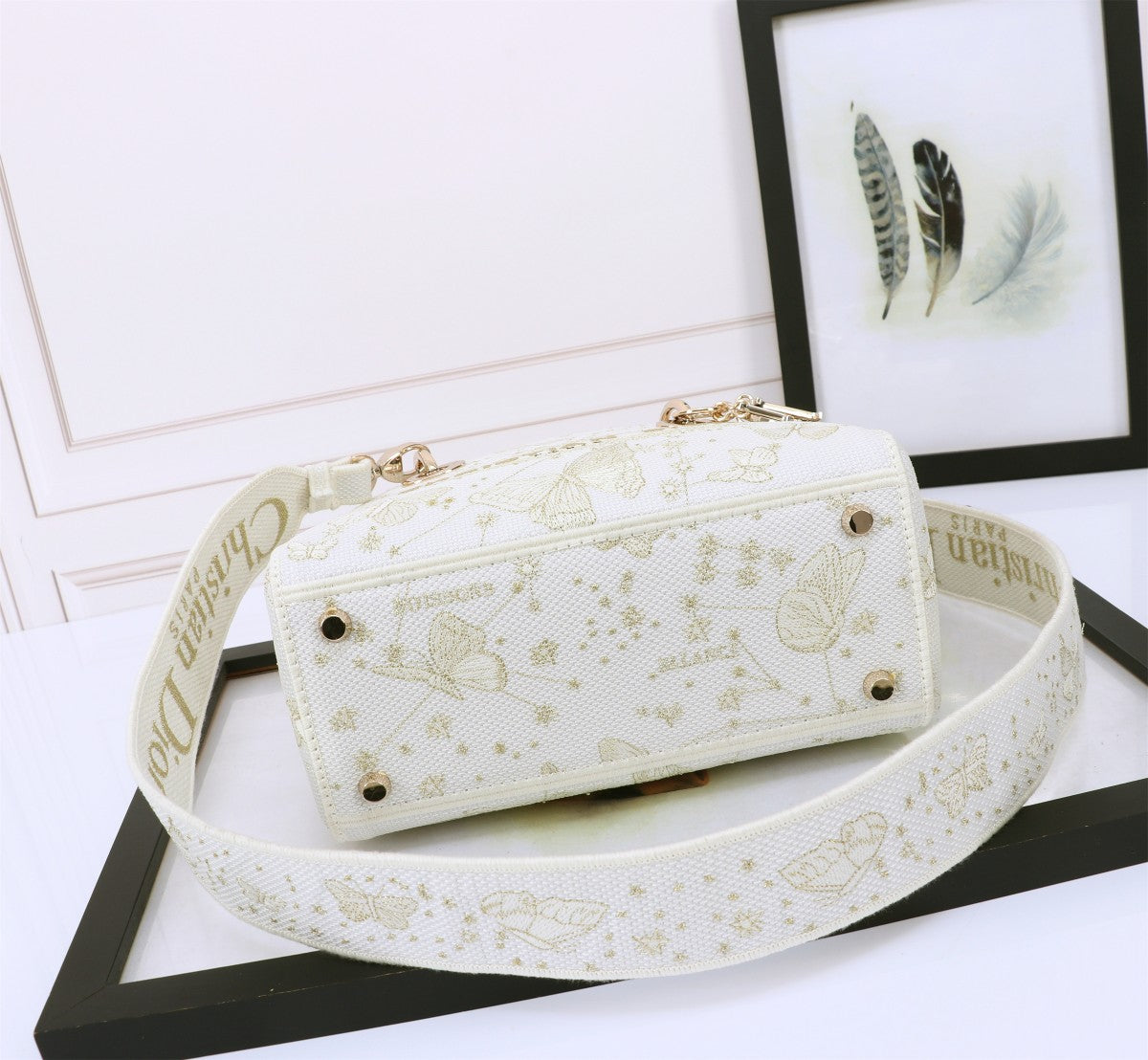 Dior Elegant Off-White Butterfly Embroidered Top Handle Handbag