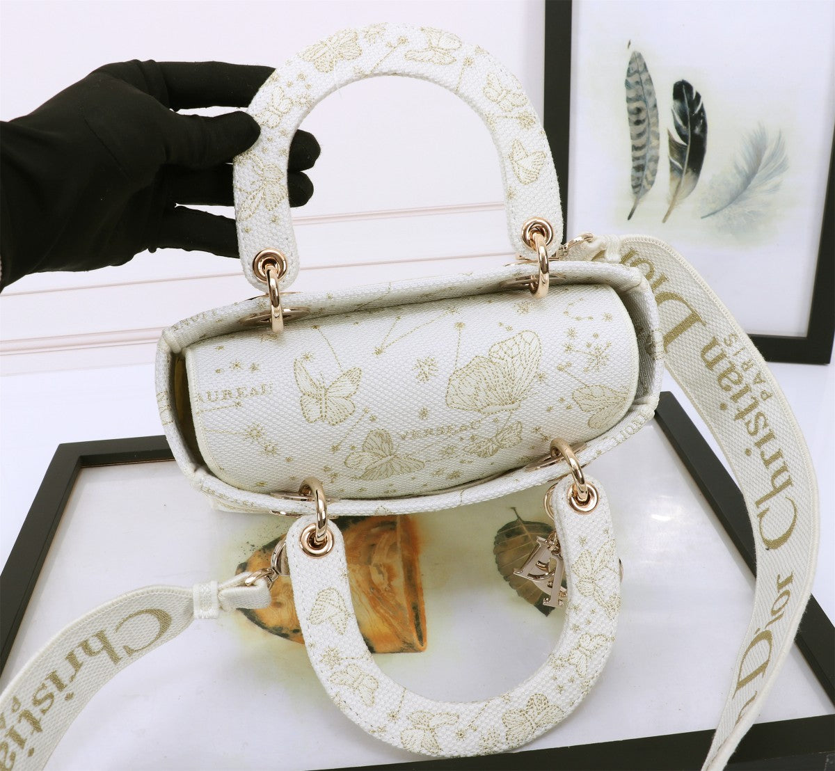 Dior Elegant White and Gold Floral Butterfly Canvas Crossbody Bag