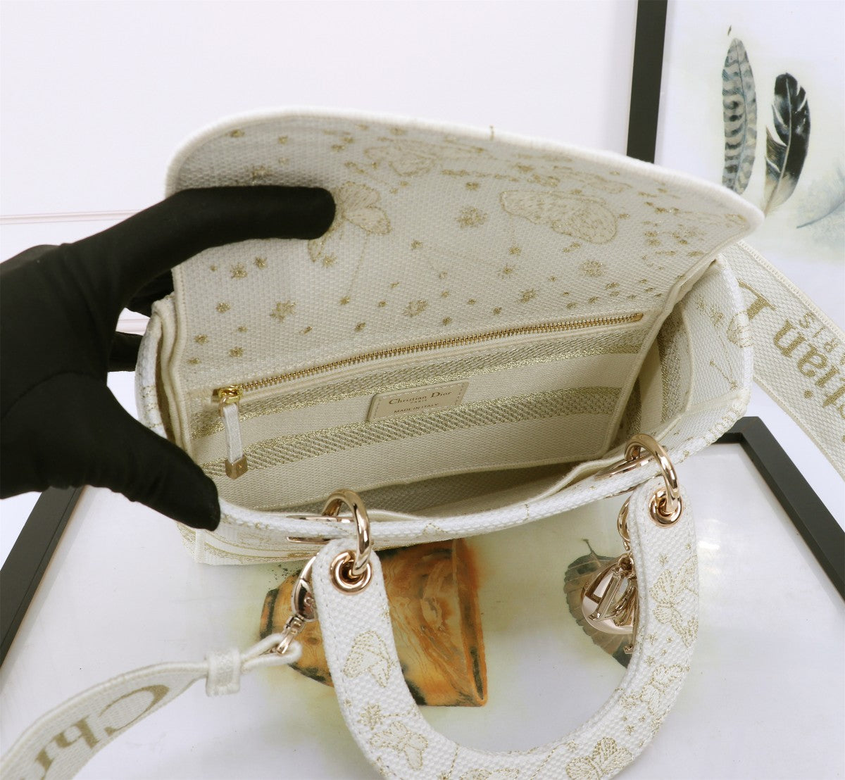 Dior Elegant White and Gold Floral Butterfly Canvas Crossbody Bag