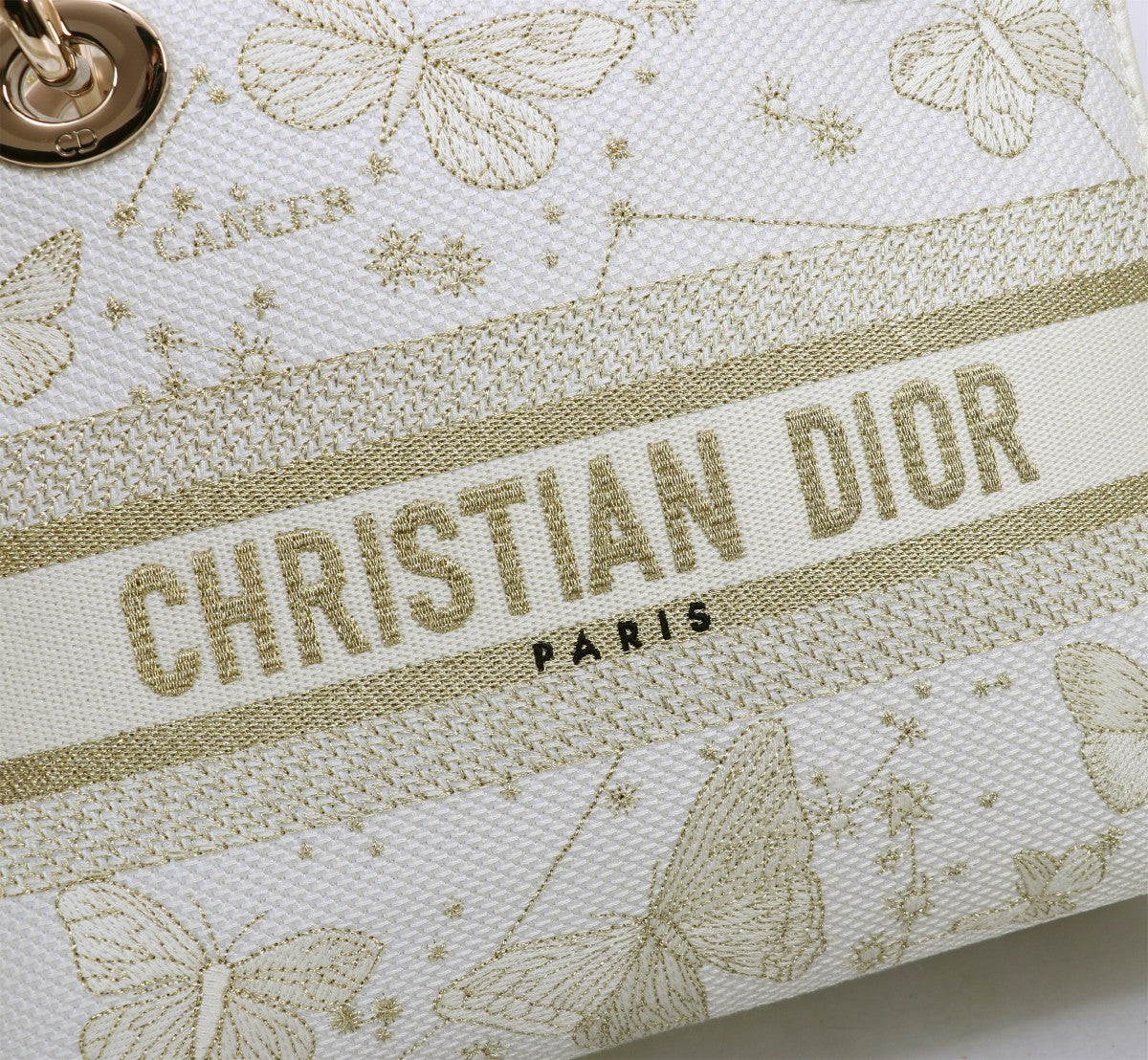 Dior Elegant Off-White Butterfly Embroidered Top Handle Handbag