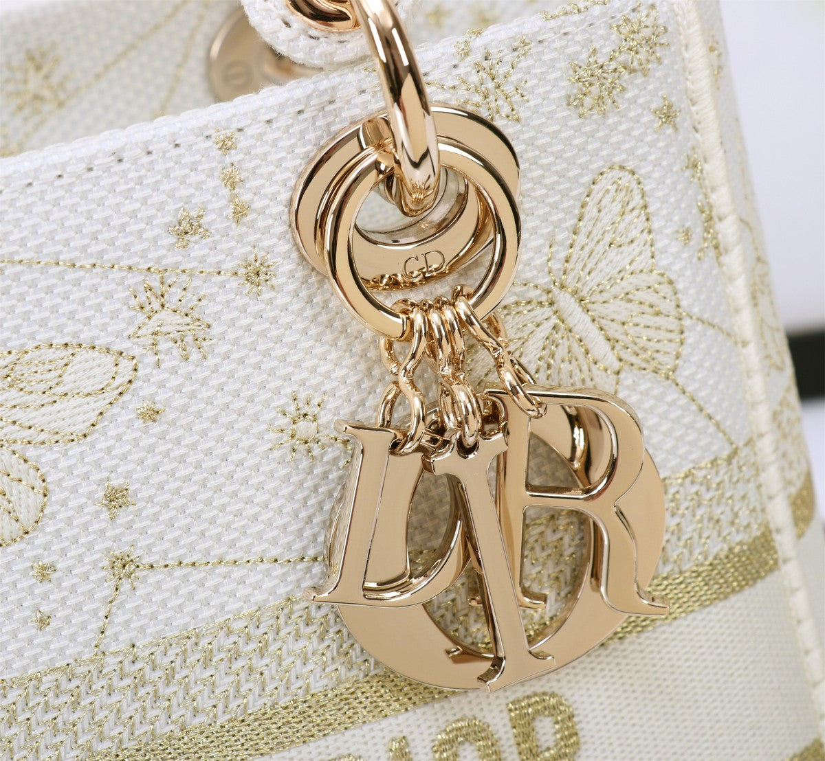Dior White and Gold Embroidered Canvas Top Handle Handbag with Strap