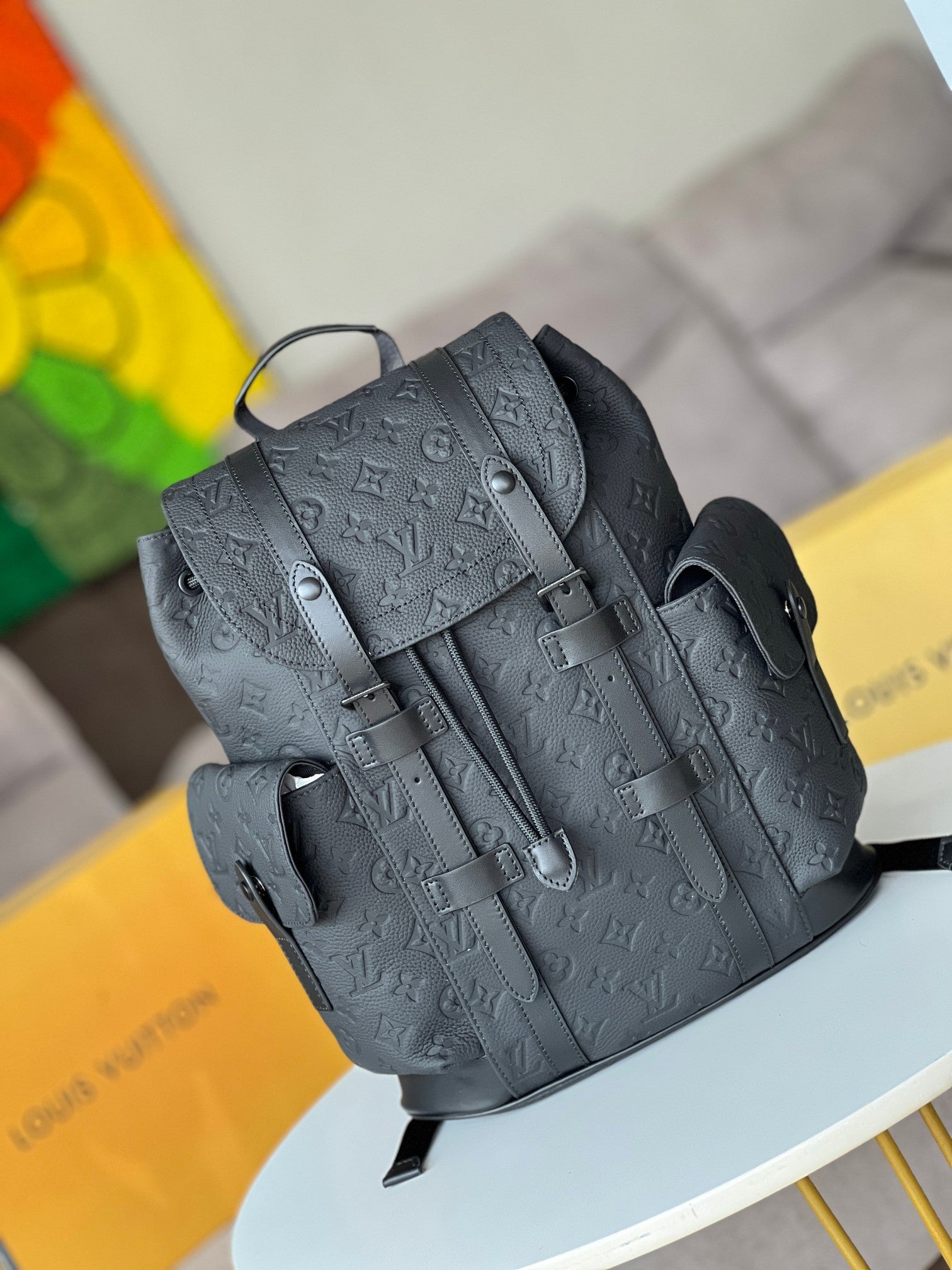 Louis Vuitton Matte Black Embossed Leather Designer Style Utility Backpack