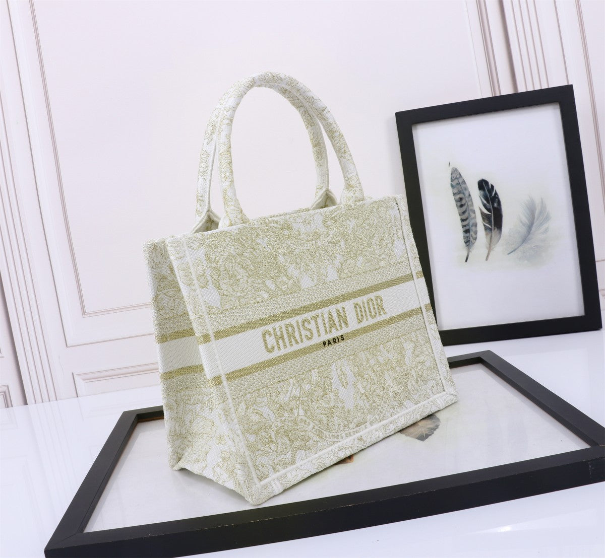 Dior Green Floral Embroidered Canvas Tote Bag with Top Handles