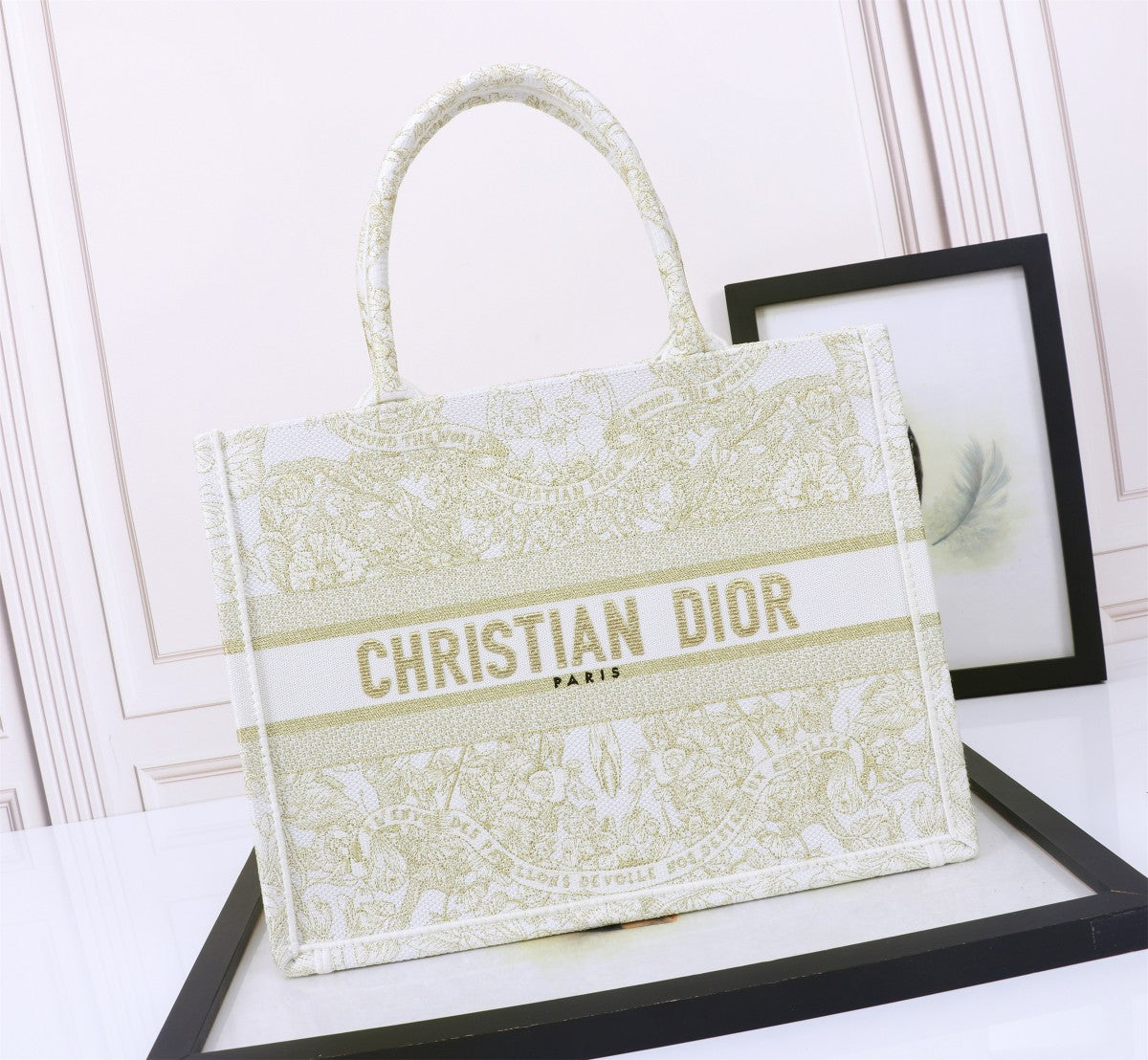 Dior Elegant Floral Embroidered Canvas Tote Bag with Top Handles