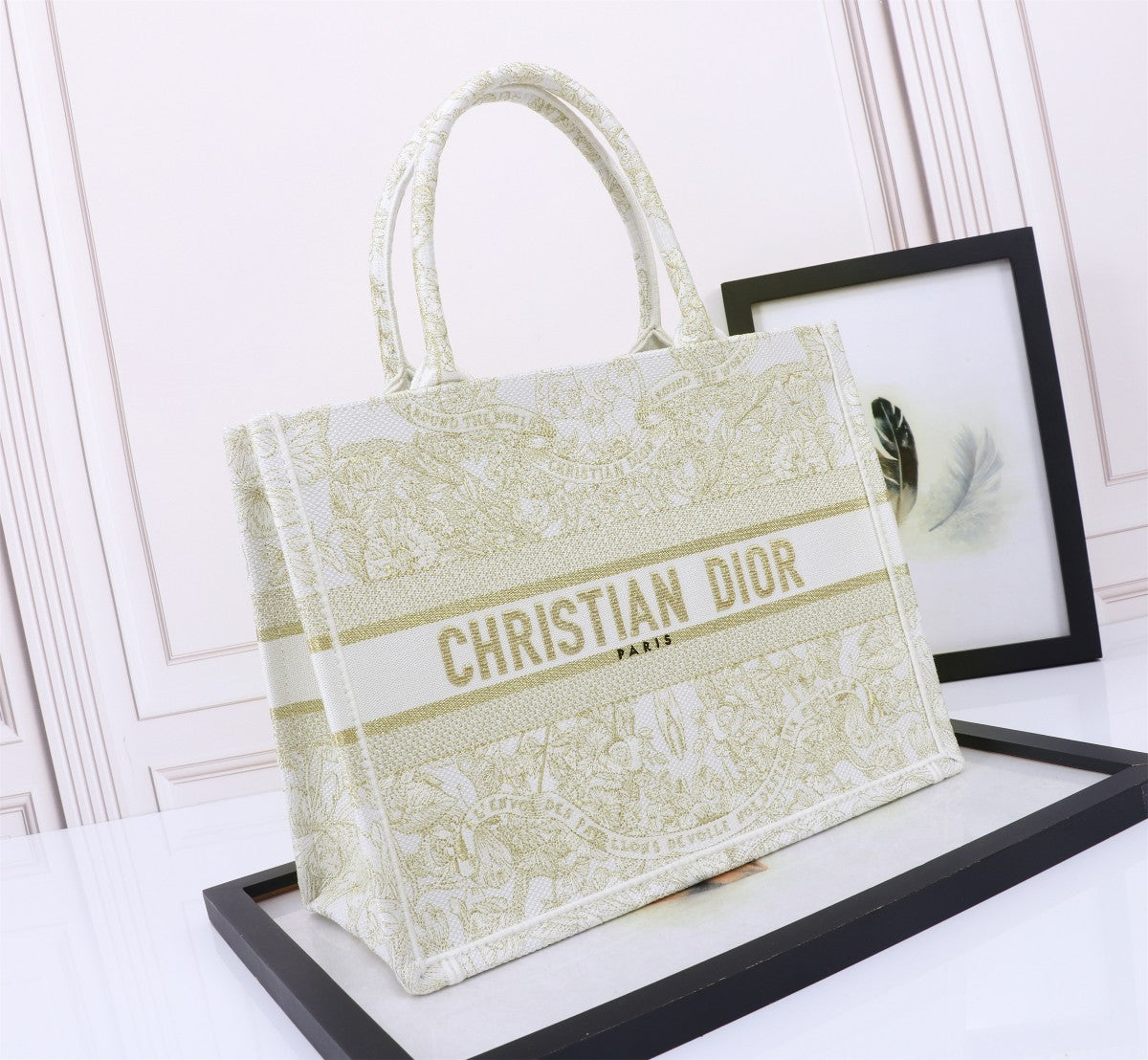 Christian Dior Large Book Tote - White and Gold Toile de Jouy Embroidery