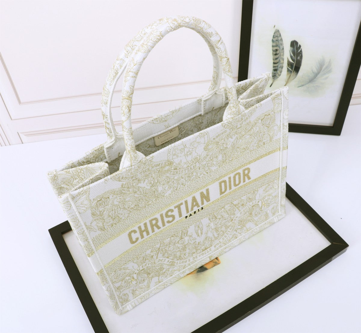 Christian Dior Large Book Tote - White and Gold Toile de Jouy Embroidery