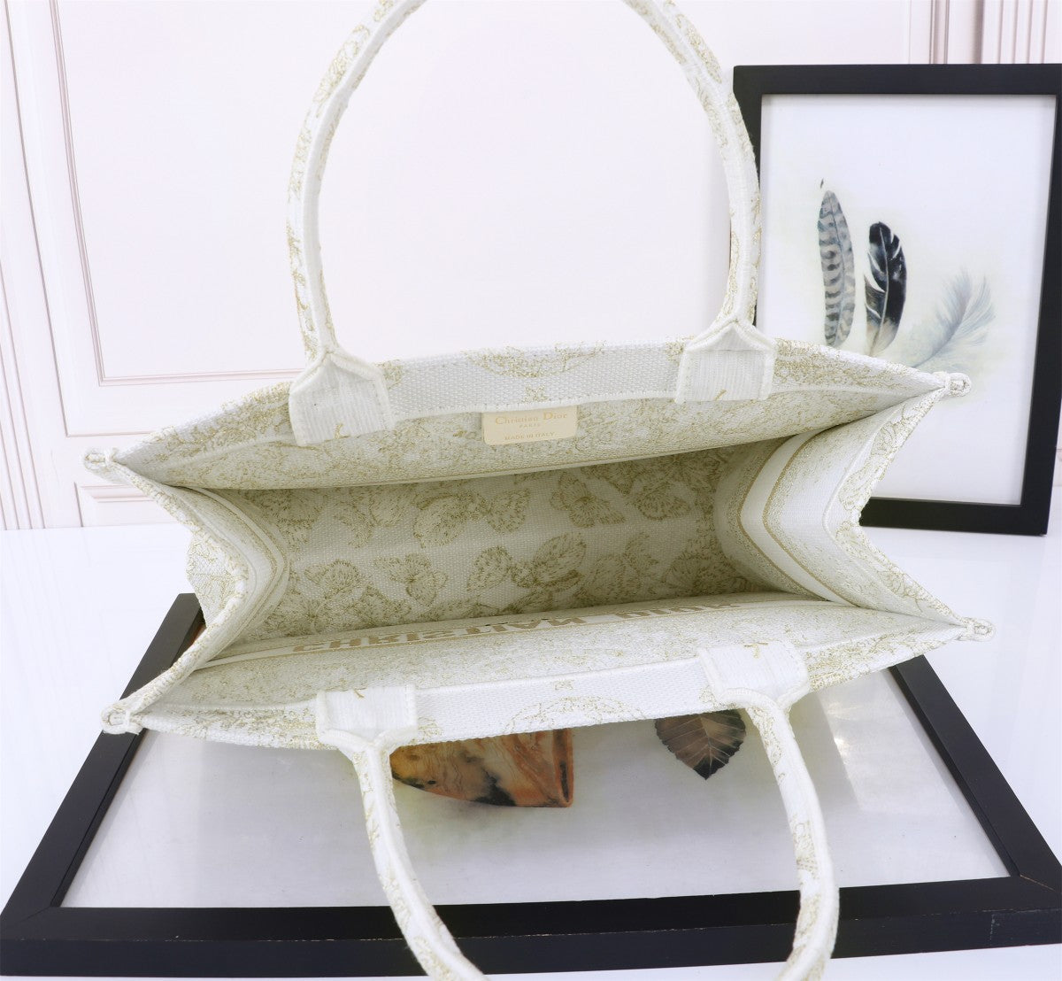 Christian Dior Book Tote Bag White and Gold Toile de Jouy Embroidery