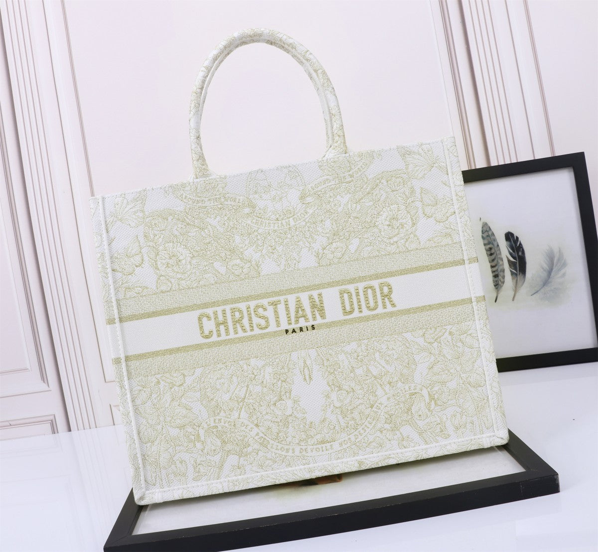Dior Elegant Cream and Gold Floral Embroidered Canvas Book Tote Bag