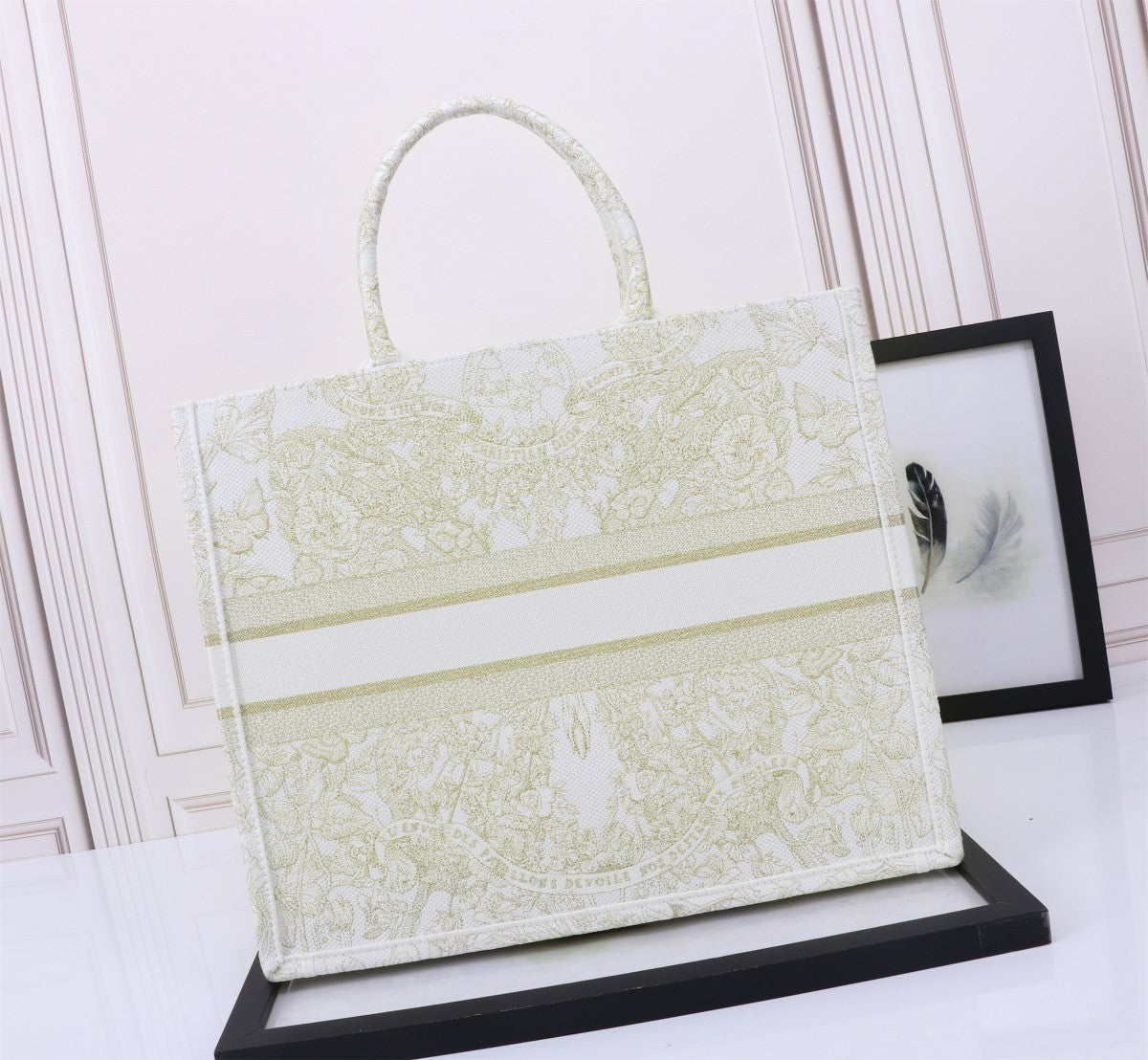 Dior Elegant Cream and Gold Floral Embroidered Canvas Book Tote Bag