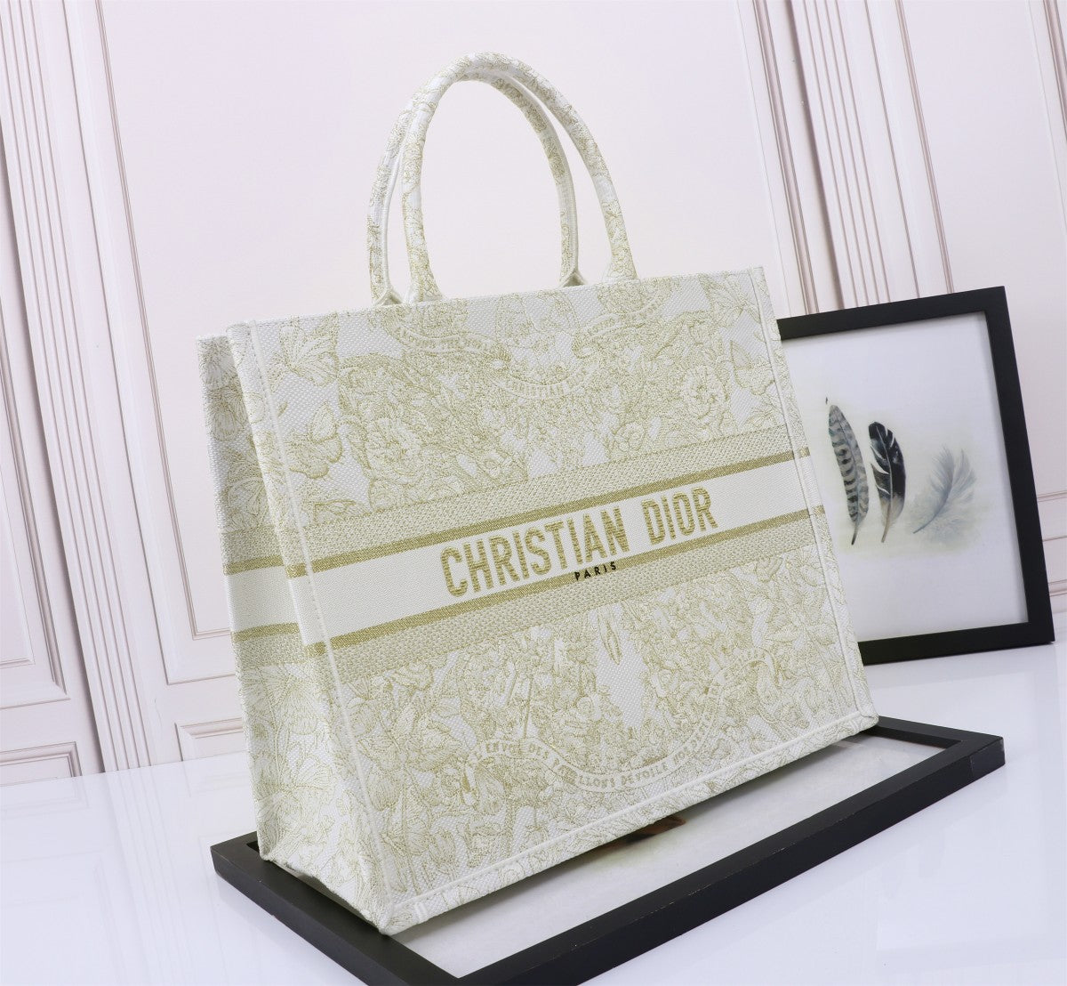Dior Elegant Cream and Gold Floral Embroidered Canvas Book Tote Bag