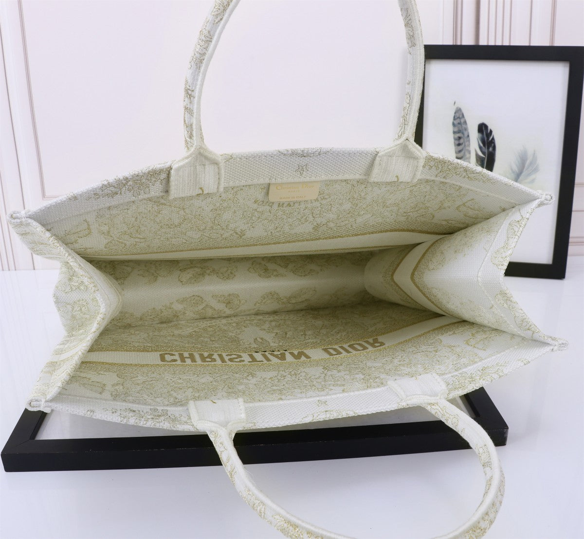 Dior Elegant Cream and Gold Floral Embroidered Canvas Book Tote Bag