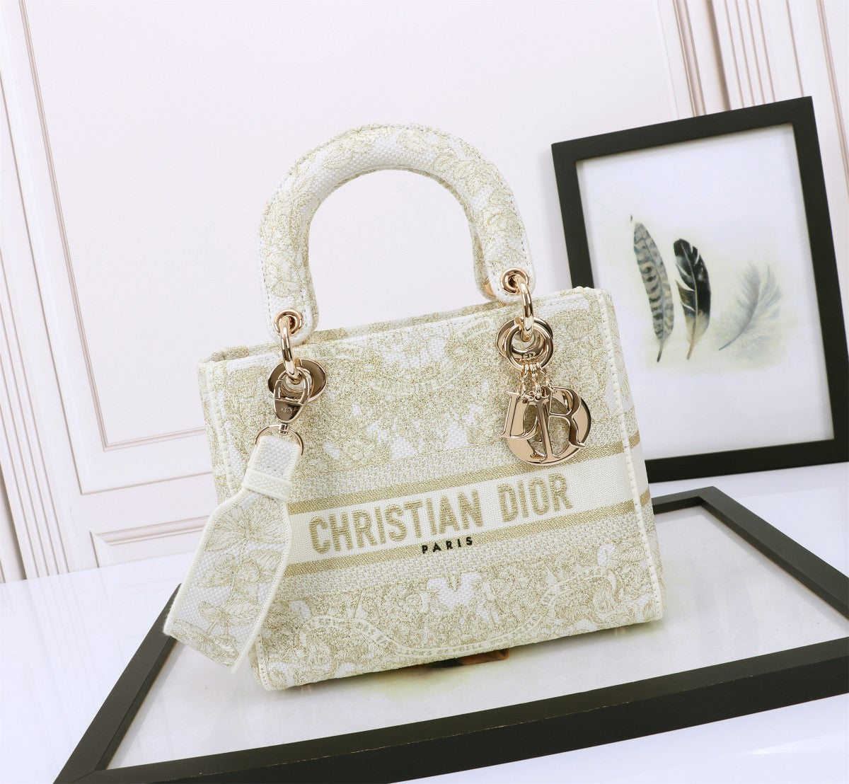 Dior Elegant Cream Embroidered Floral Canvas Tote Handbag