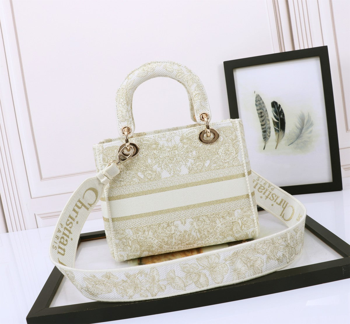 Christian Dior Lady D-Lite Bag White and Gold Embroidered Canvas Handbag