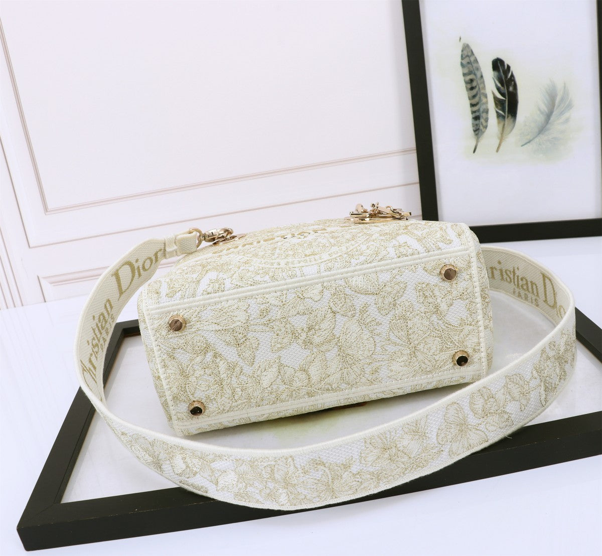 Dior Elegant Beige Embroidered Canvas Top Handle Handbag with Gold Charms