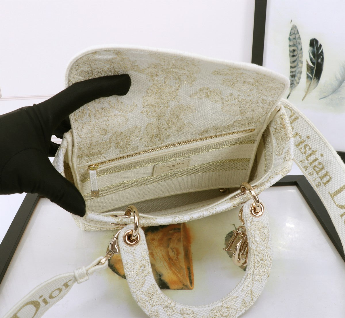 Dior Elegant Gold Floral Embroidered Canvas Handbag with Top Handle