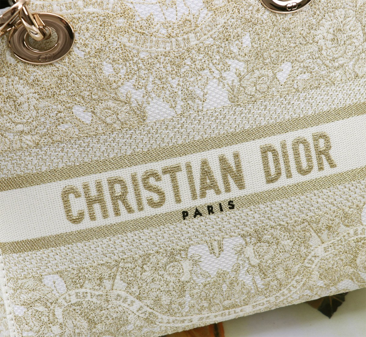 Dior Elegant Gold Floral Embroidered Canvas Handbag with Top Handle