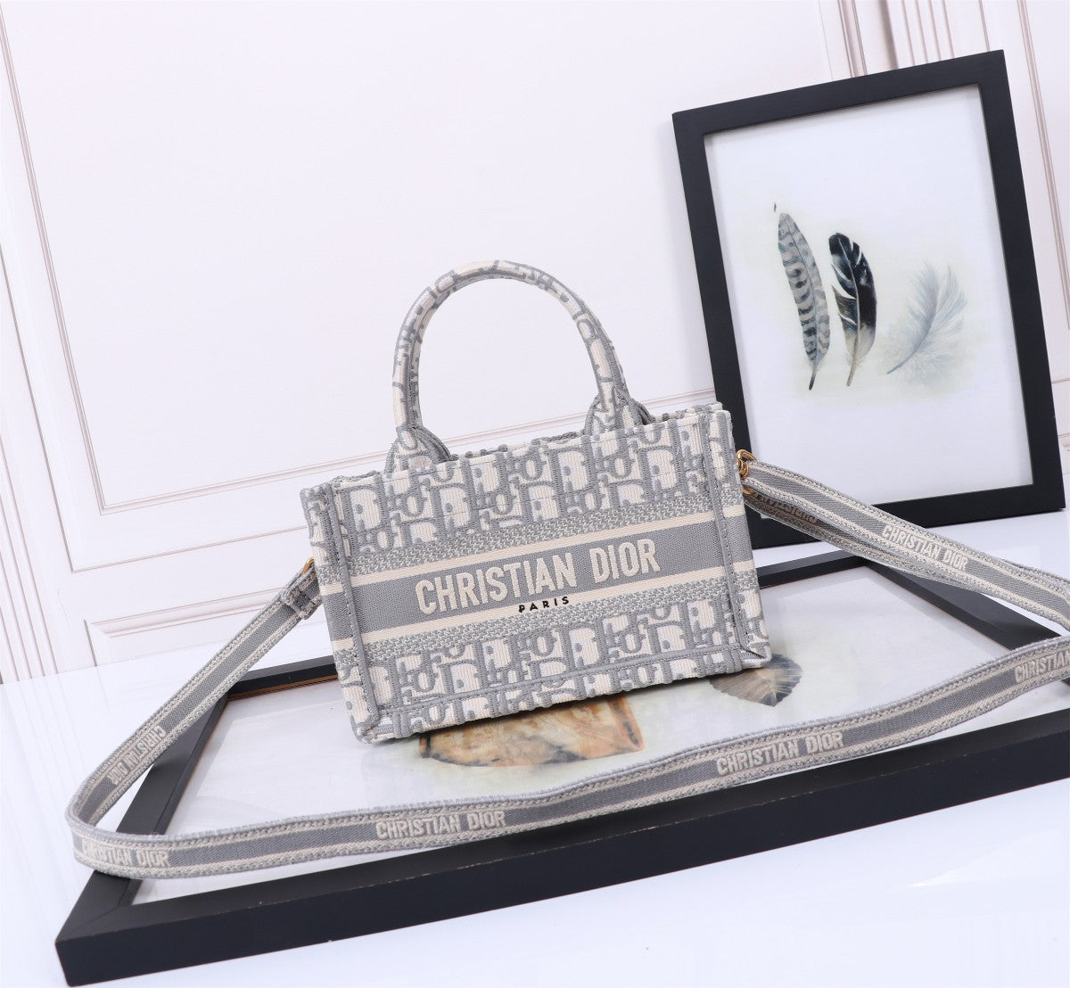 Dior Grey Embroidered Monogram Canvas Tote Bag with Shoulder Strap