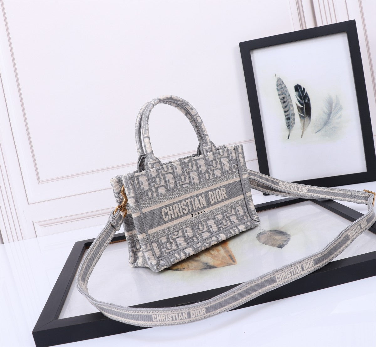 Dior Grey Embroidered Monogram Canvas Tote Bag with Shoulder Strap