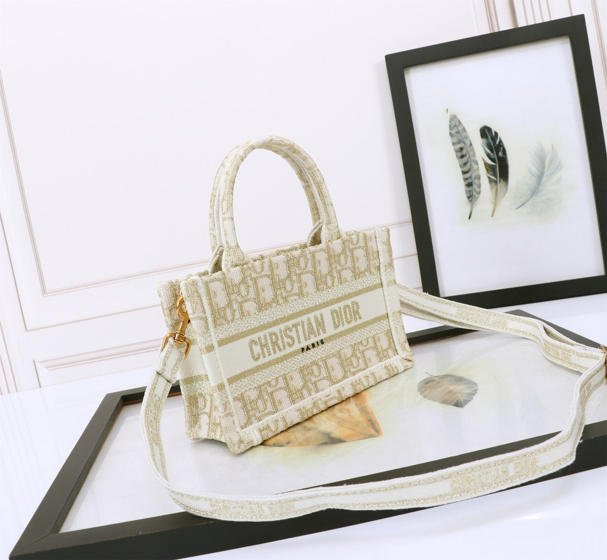 Dior Beige Embroidered Canvas Mini Tote Bag with Crossbody Strap
