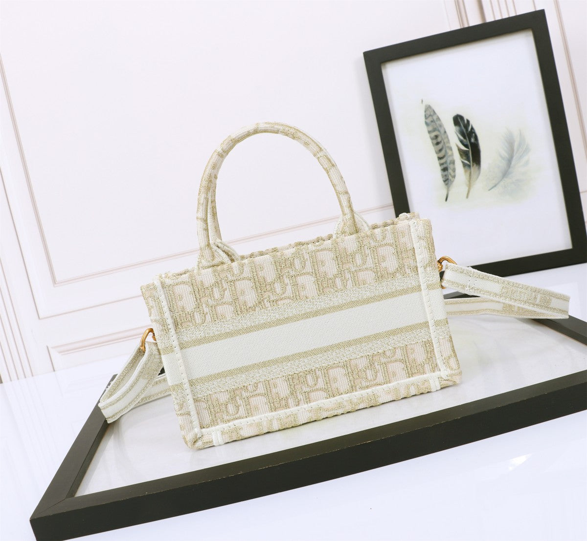 Dior Beige Embroidered Canvas Mini Tote Bag with Crossbody Strap