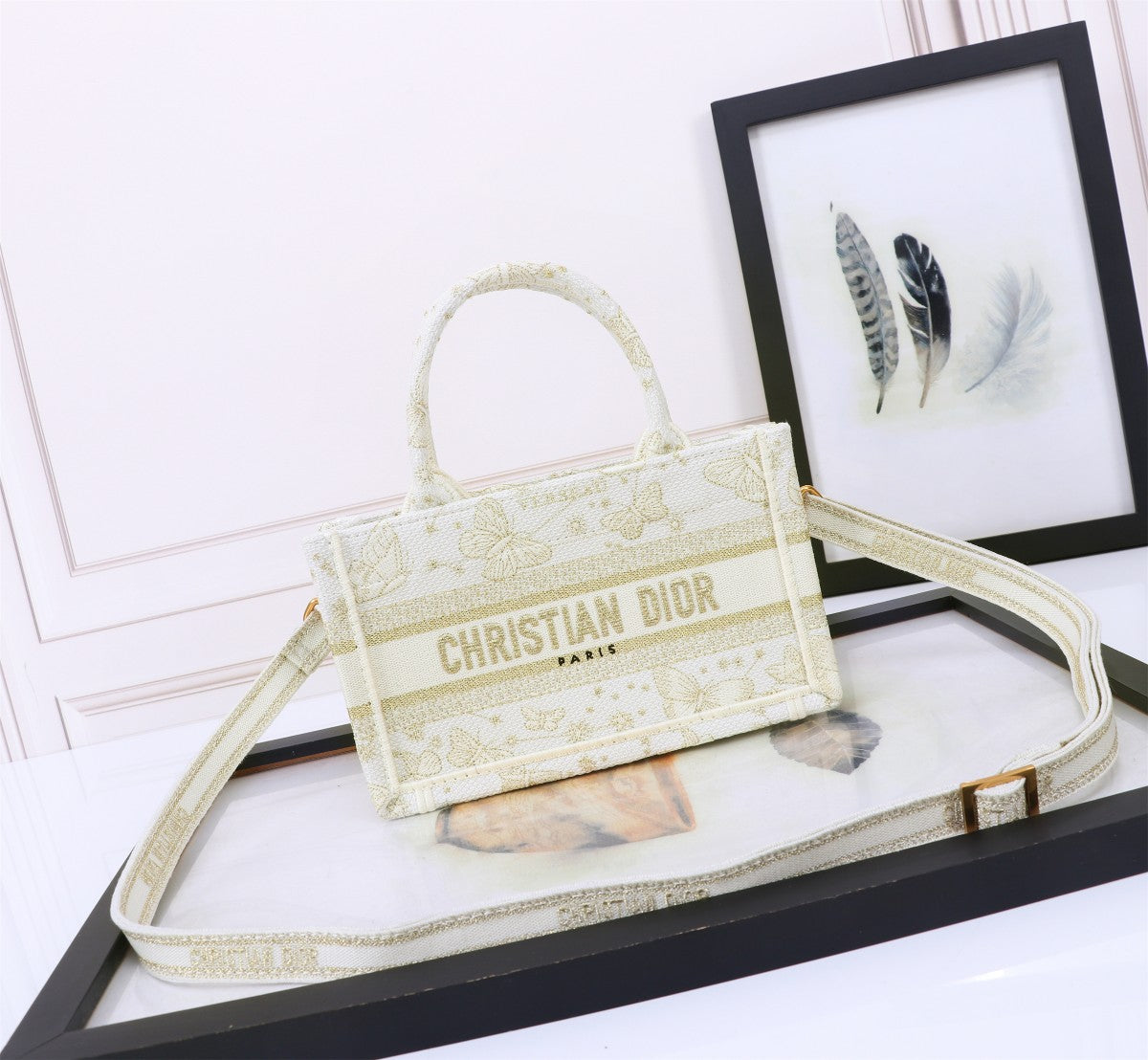 Dior Cream Embroidered Canvas Mini Tote Bag with Shoulder Strap
