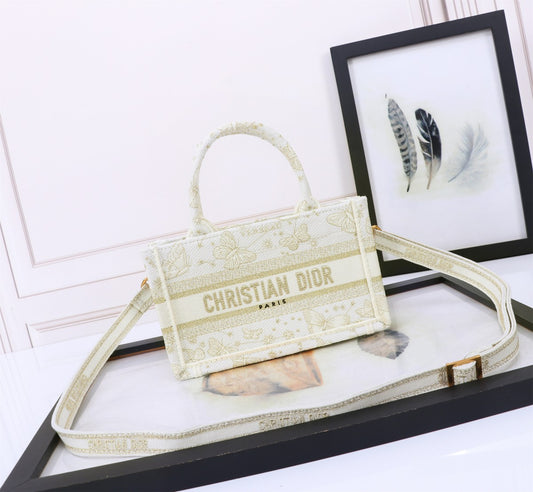 Dior Cream Embroidered Canvas Mini Tote Bag with Shoulder Strap