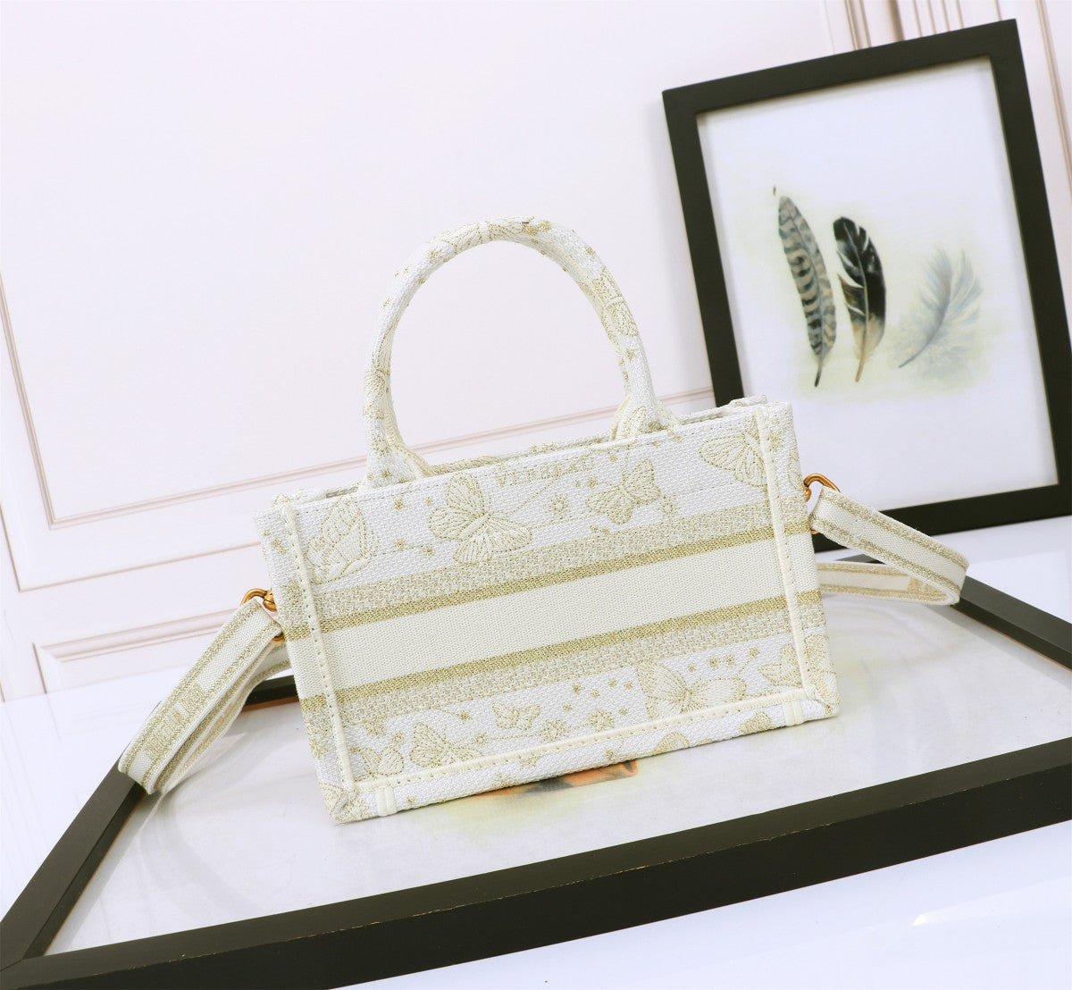 Dior Cream Embroidered Canvas Mini Tote Bag with Shoulder Strap
