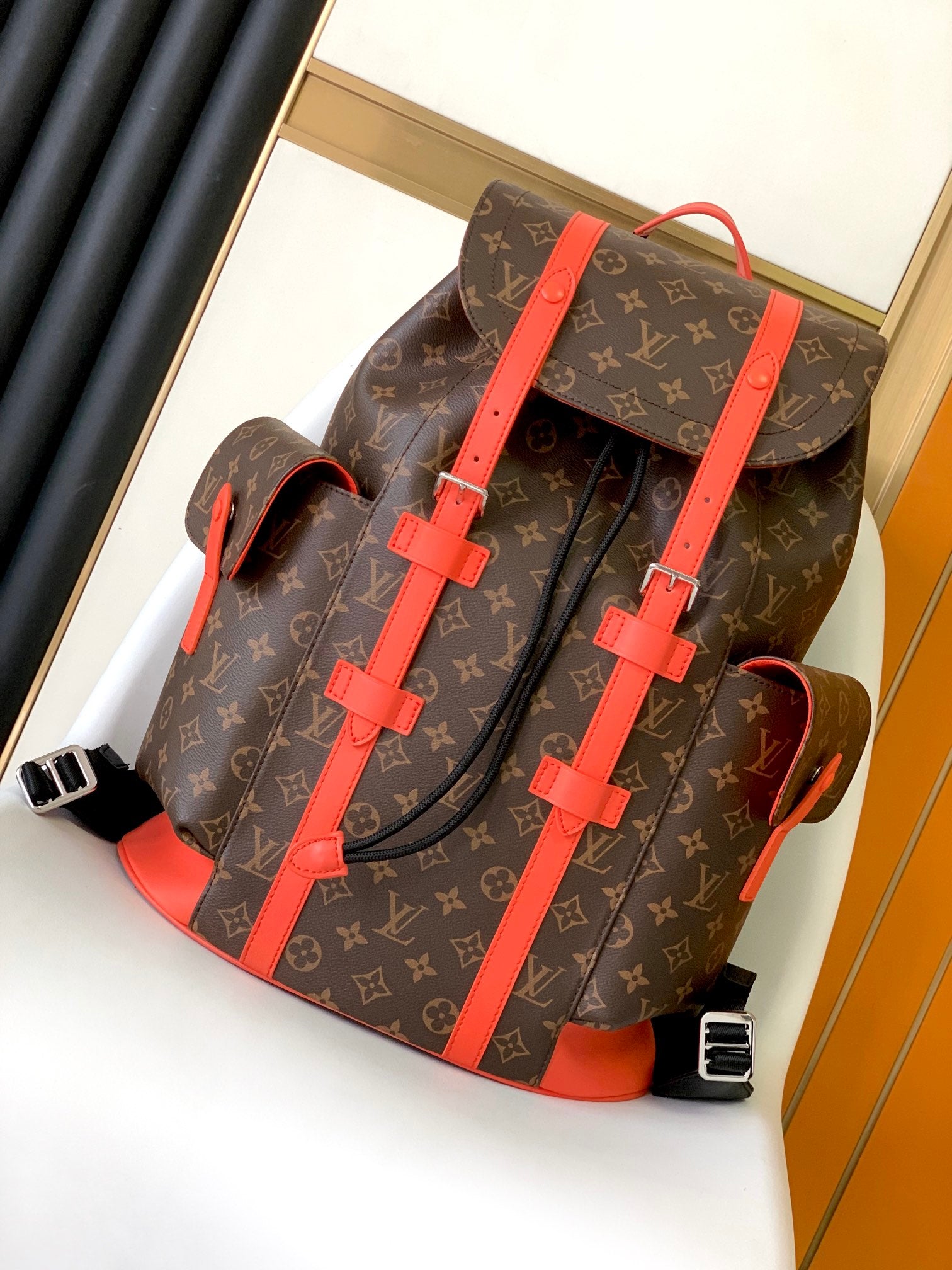 Louis Vuitton Brown Monogram Print Utility Backpack with Bright Orange Details