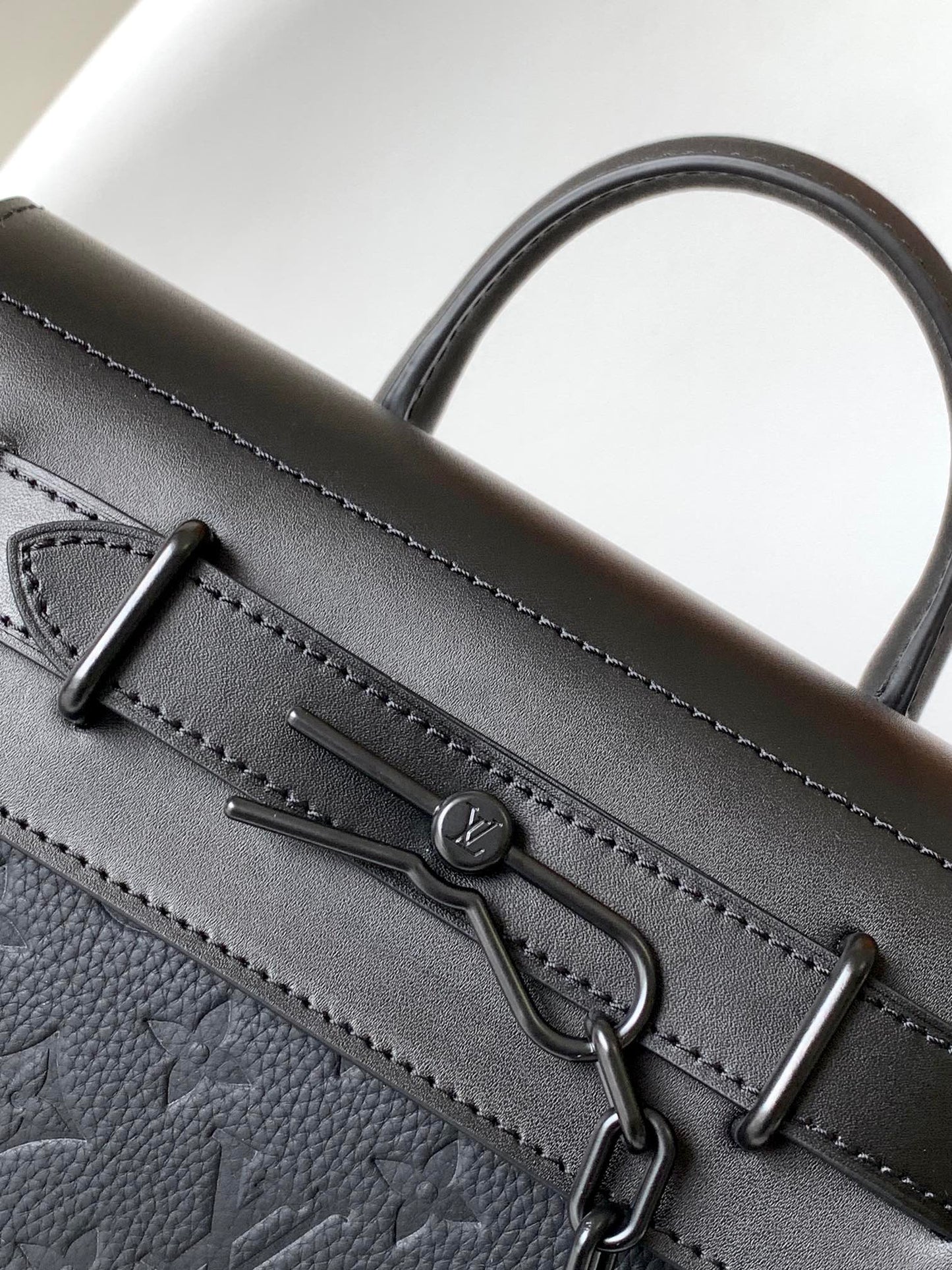 Louis Vuitton Structured Black Embossed Leather Top Handle Crossbody Bag