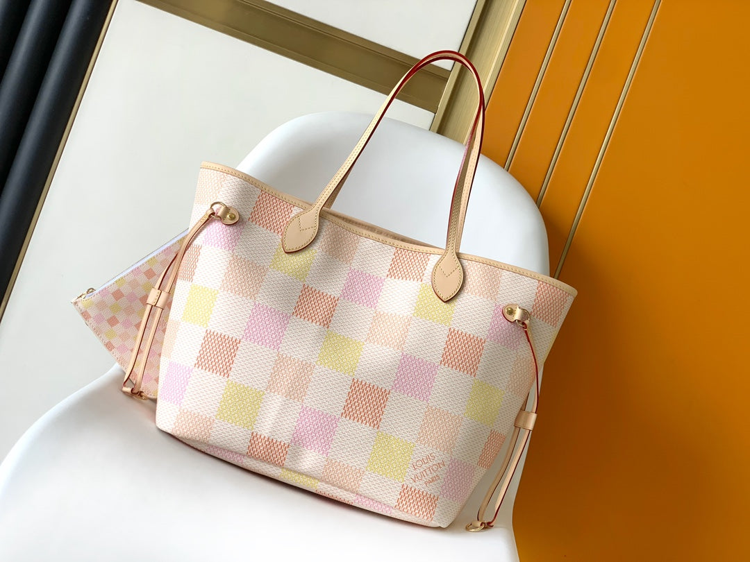 Louis Vuitton Chic Pastel Checkered Canvas Tote Bag with Shoulder Straps