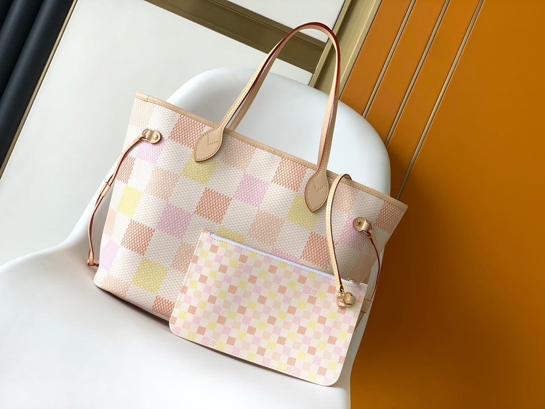 Louis Vuitton Chic Pastel Checkered Canvas Tote Bag with Shoulder Straps