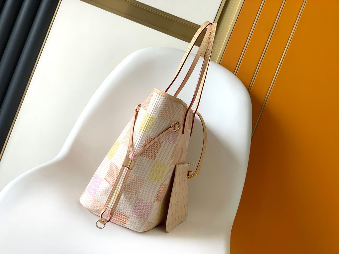 Louis Vuitton Chic Pastel Checkered Canvas Tote Bag with Shoulder Straps