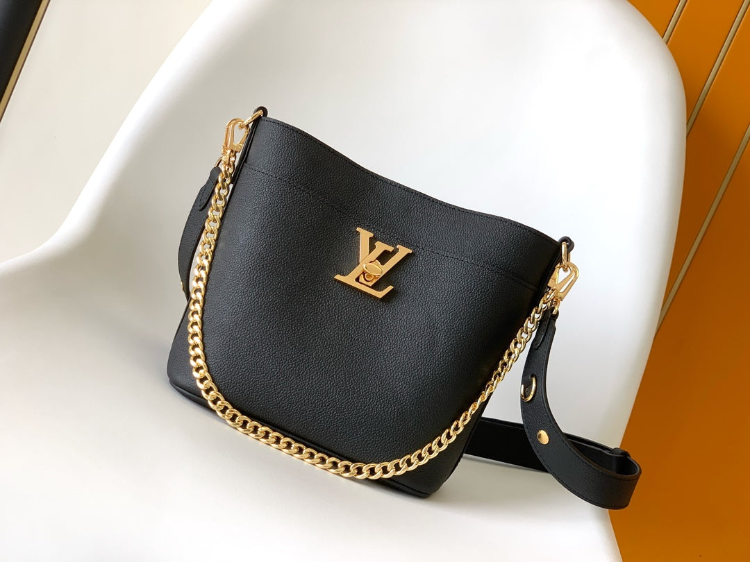 Louis Vuitton Black Leather Crossbody Bucket Bag with Gold Chain Strap