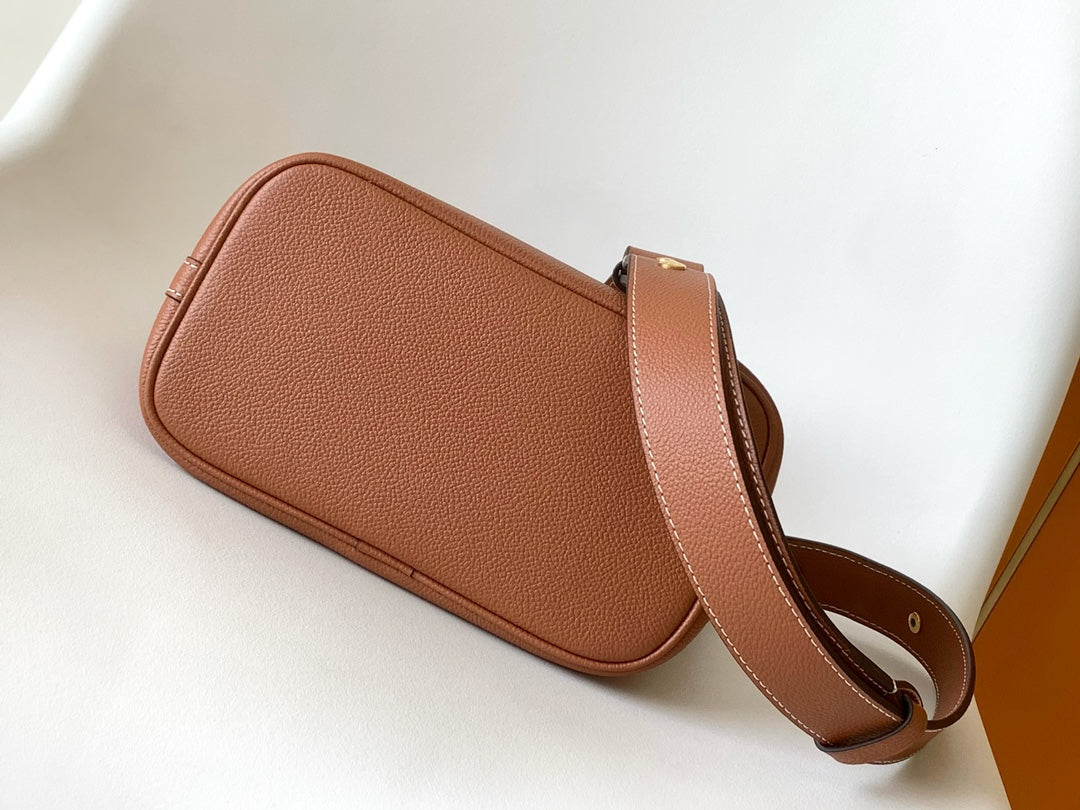 Louis Vuitton Classic Brown Leather Bucket Bag with Gold Chain Shoulder Strap