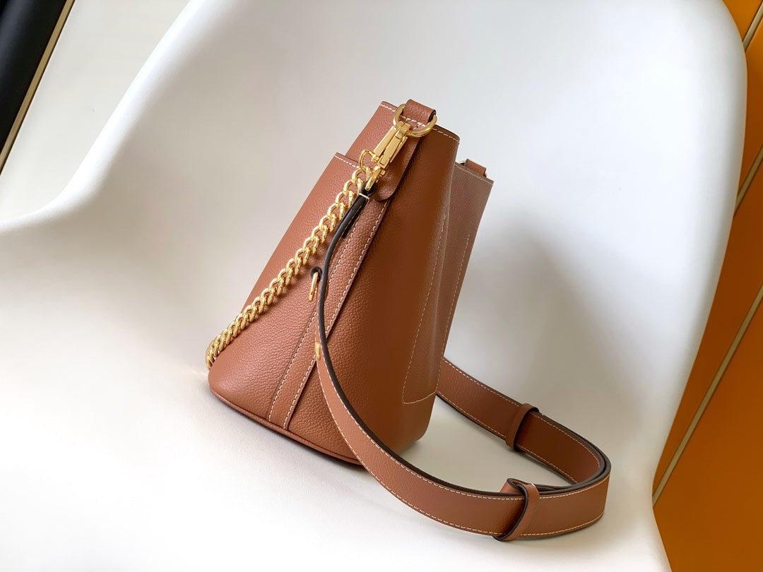 Louis Vuitton Classic Brown Leather Bucket Bag with Gold Chain Shoulder Strap