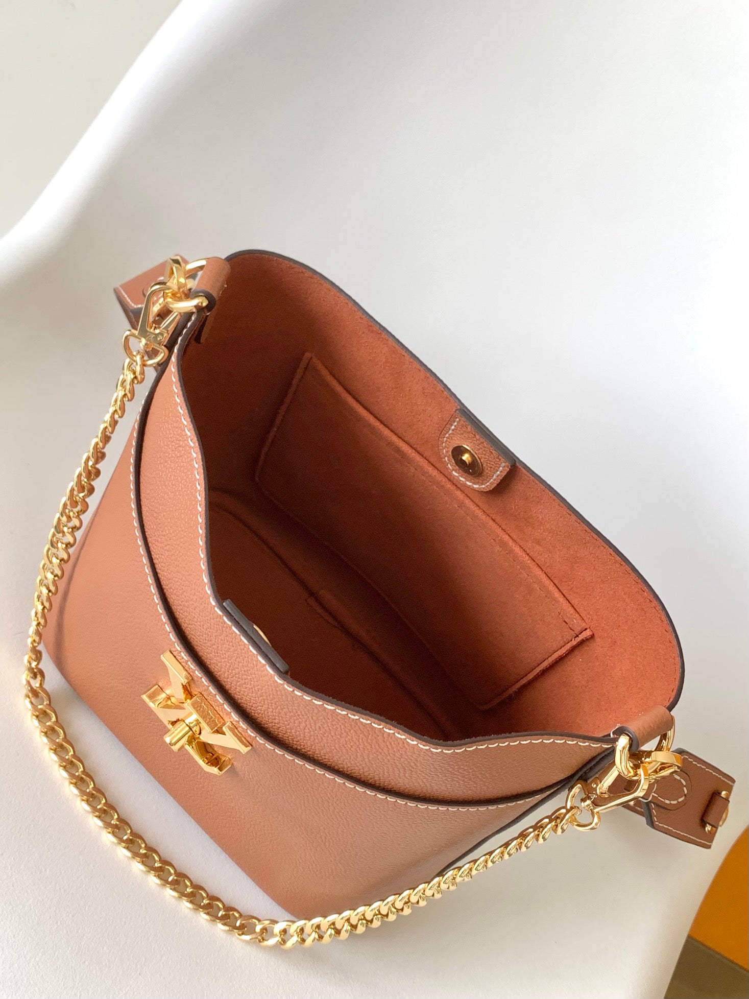 Louis Vuitton Classic Brown Leather Bucket Bag with Gold Chain Shoulder Strap