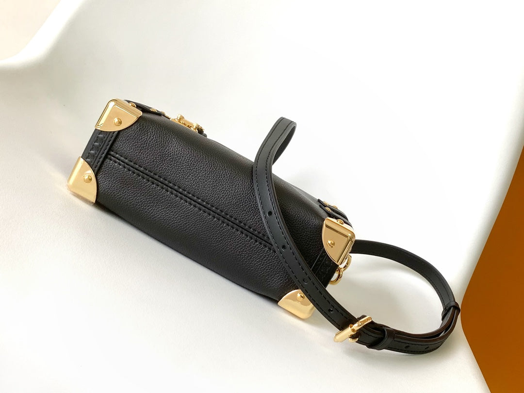 Louis Vuitton Black Textured Leather Trunk-Style Shoulder Bag with Gold Corners