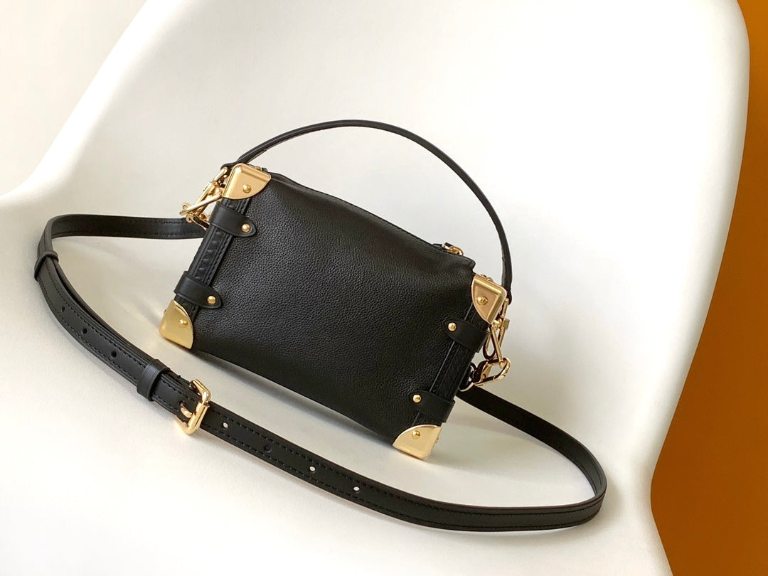 Louis Vuitton Black Textured Leather Trunk-Style Shoulder Bag with Gold Corners