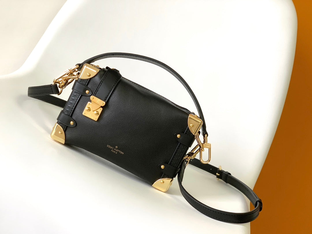 Louis Vuitton Black Textured Leather Trunk-Style Shoulder Bag with Gold Corners