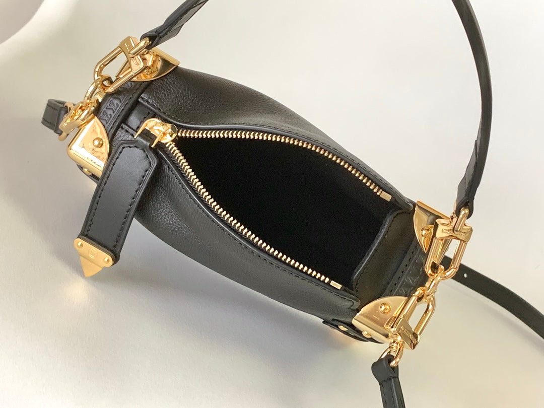 Louis Vuitton Black Textured Leather Trunk-Style Shoulder Bag with Gold Corners