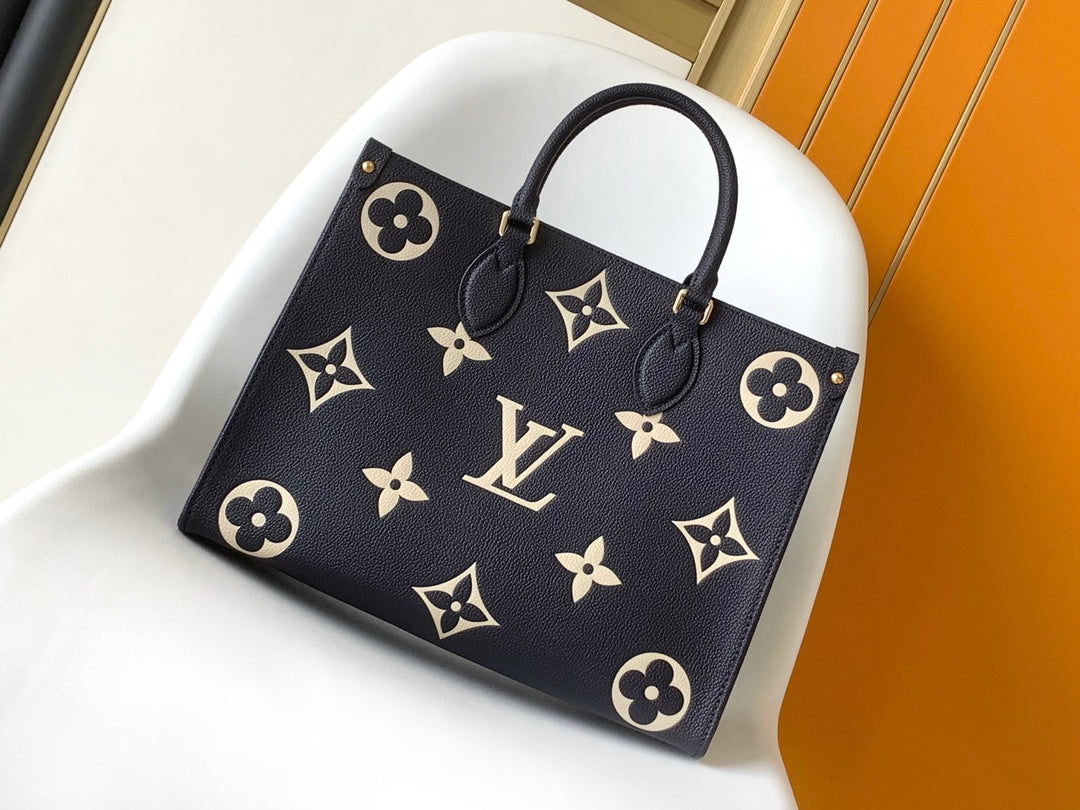 Louis Vuitton Elegant Navy Blue Leather Tote Bag with Floral Monogram Pattern