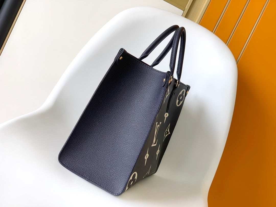 Louis Vuitton Elegant Navy Blue Leather Tote Bag with Floral Monogram Pattern